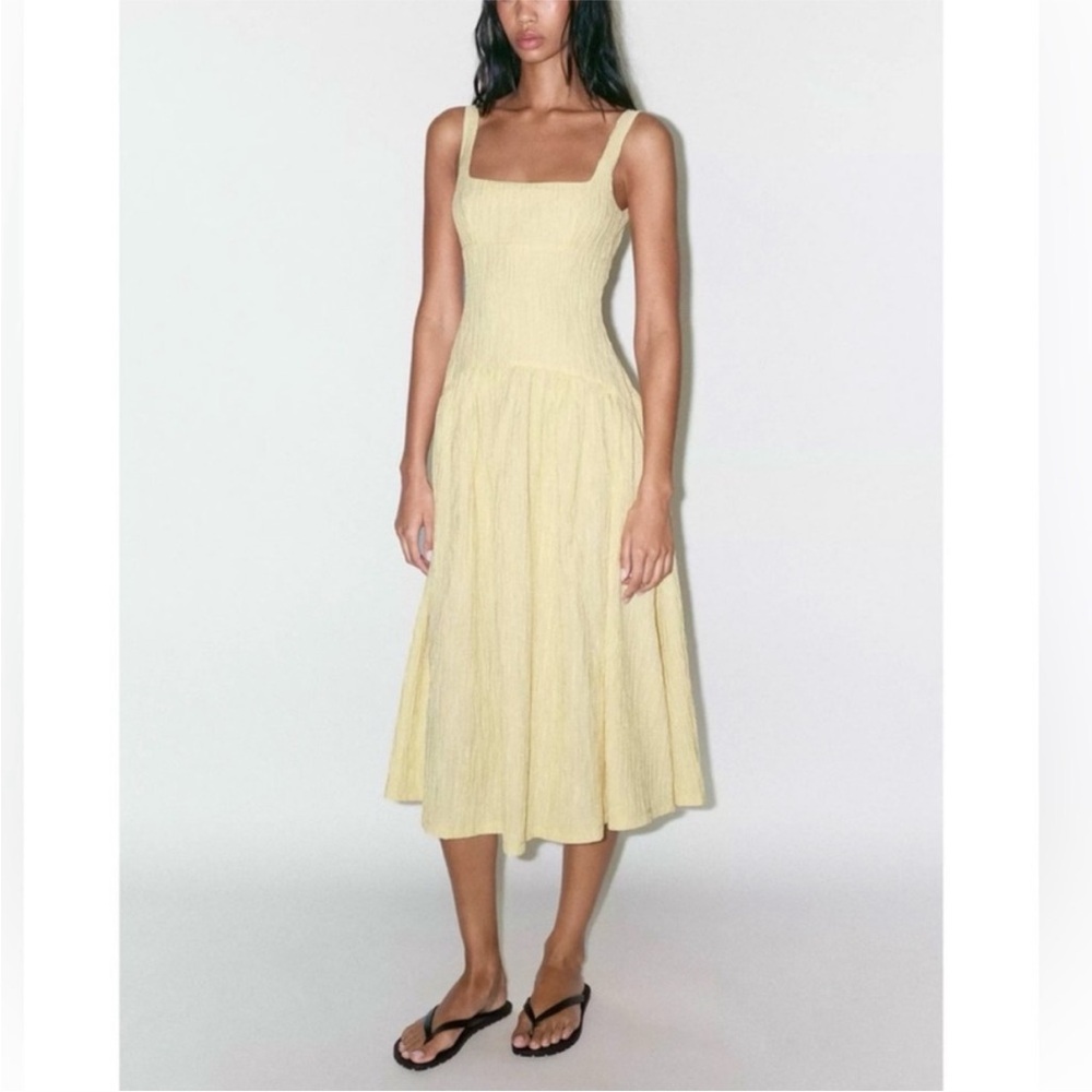 Zara Pale Yellow Square-Neck Midi Dress